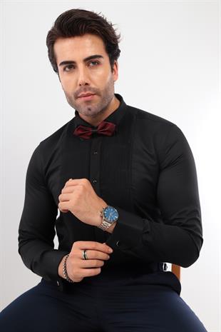 Slim Fit Uzun Kol Soft Saten Smokin Damatlık Erkek Hediye Kutulu Gömlek FS-001947 - Siyah