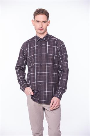 Klasik Uzun Kol Kışlık Ekoseli Oduncu Yaka Altı Düğmeli Pamuklu Hediye Kutulu Erkek Gömlek FS-001990 - Kahverengi