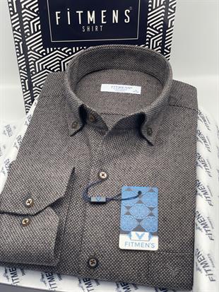 Klasik Uzun Kol Kışlık Yaka Düğmeli Yünlü %100 Cotton Hediye Kutulu Erkek Gömlek FS-003768 - Kahverengi