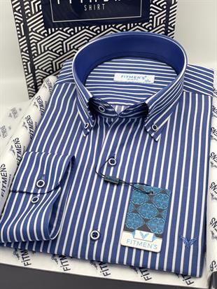 Slim Fit Uzun Kol Premium Kalın Çizgili Yaka Düğmeli Hediye Kutulu Kolay Ütülenebilir Erkek Gömlek FS-001375 - Saks Mavi