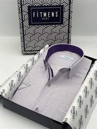 Klasik Kısa Kol Keten Cotton Kareli Pamuk Hediye Kutulu Erkek Gömlek FS-003009 - Lila