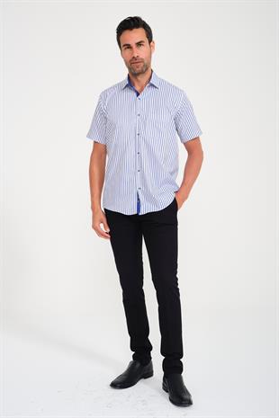 Klasik Kısa Kol Kalın Çizgili Hediye Kutulu Erkek Gömlek FS-000702 - Beyaz Saks Mavi