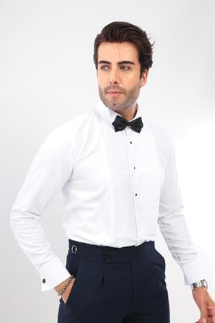 Slim Fit Uzun Kol Soft Saten Smokin Damatlık Erkek Hediye Kutulu Gömlek FS-001947 - Beyaz