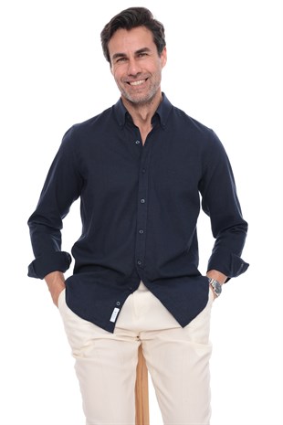 Slim Fit Uzun Kol Yaka Düğmeli Nefes Alan Keten Hediye Kutulu Erkek Gömlek FS-004548 - Lacivert