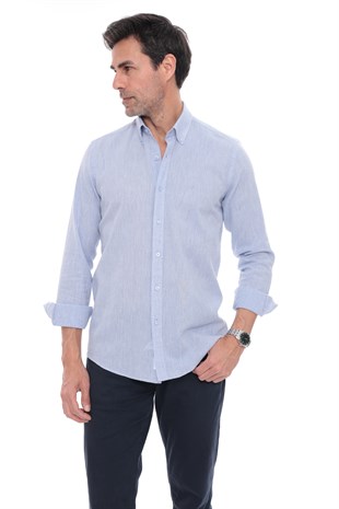 Slim Fit Uzun Kol Yaka Düğmeli Nefes Alan Keten Hediye Kutulu Erkek Gömlek FS-004548 - Mavi