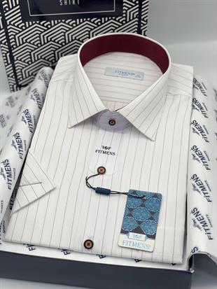 Klasik Kısa Kol Çizgli Hediye Kutulu Erkek Gömlek FS-004162 - Beyaz Bordo