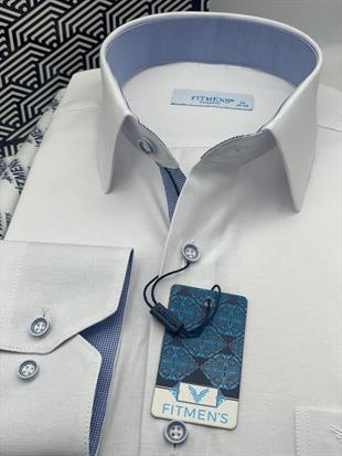 Klasik Uzun Kol Keten Cotton Hediye Kutulu Erkek Gömlek FS-001261 - Beyaz Açık Mavi