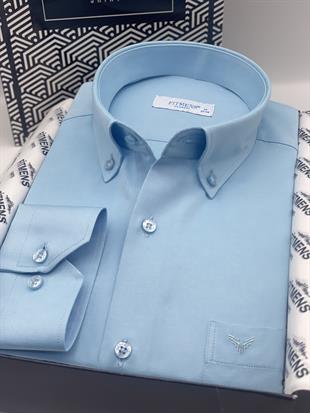 Klasik Uzun Kol Pamuklu Yaka Düğmeli Hediye Kutulu Kolay Ütülenebilir Erkek Gömlek FS-003897 - Turkuaz