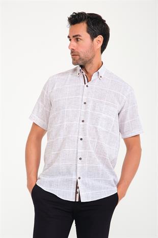 Klasik Kısa Kol Büyük Kare Flam Keten Düğmeli Yaka Hediye Kutulu Erkek Gömlek FS-000714 - Bej