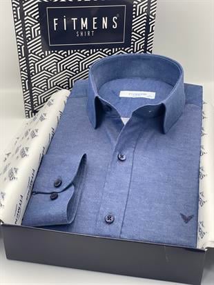 Slim Fit Uzun Kol Saten Hediye Kutulu Kolay Ütülenebilir Erkek Gömlek FS-002968 - İndigo
