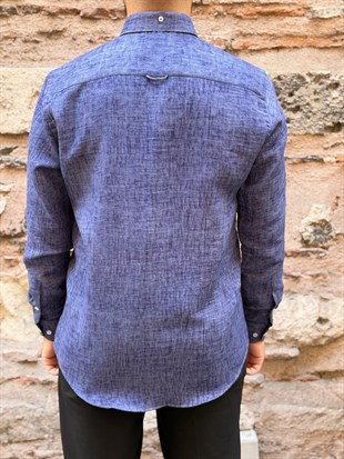 Slim Fit Uzun Kol Müslin Dijital Baskılı Hediye Kutulu Erkek Gömlek FS-004599 - Lacivert