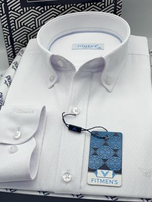 Slim Fit Uzun Kol Baklava Desen Kol Nakışlı Yaka Düğmeli Hediye Kutulu Şık Erkek Gömlek FS-004200 - Beyaz