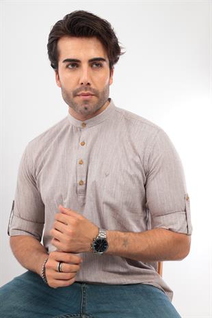 Slim Fit Uzun Kol Hakim Yaka Yarım Patlı Hediye Kutulu Erkek Gömlek FS-003687 - Kahverengi