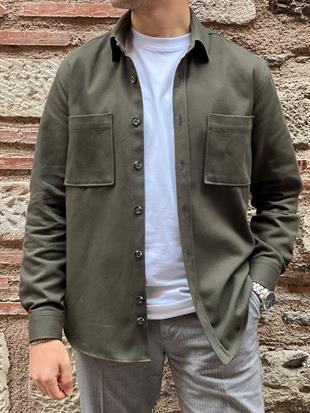 Oversize Gabardin Pamuklu Hediye Kutulu Erkek Ceket Gömlek FS-003868 - Haki