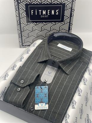 Klasik Uzun Kol Kışlık Çizgili Yaka Alttan Düğmeli Hediye Kutulu Erkek Gömlek FS-003363 - Haki