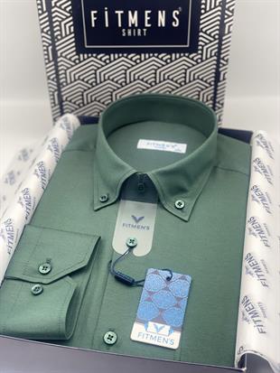 Klasik Uzun Kol Pamuklu Yaka Düğmeli Hediye Kutulu Kolay Ütülenebilir Erkek Gömlek FS-003897 - Koyu Yeşil