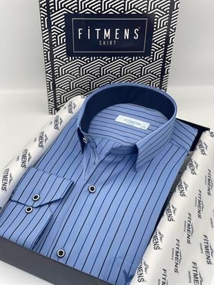 Klasik Uzun Kol Premium Çizgili Hediye Kutulu Erkek Gömlek FS-003272 - Mavi