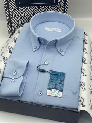Slim Fit Uzun Kol Müslin Pamuk Rahat Nefes Alabilen Kumaştan Yaka Düğmeli Hediye Kutulu Erkek Gömlek FS-004202 - Açık Mavi