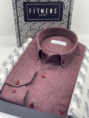 Klasik Uzun Kol Kışlık %100 Cotton Balıksırtı Yaka Düğmeli Hediye Kutulu Erkek Gömlek FS-001991 - Bordo
