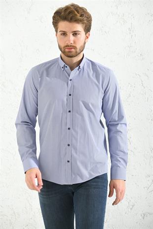 Slim Fit Uzun Kol Pöti Kareli Yaka Düğmeli Hediye Kutulu Erkek Gömlek FS-001373 - Mor