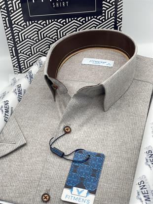 Klasik Kısa Kol Keten Cotton Hediye Kutulu Erkek Gömlek FS-003624 - Bej