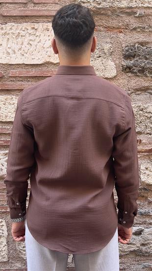 Slim Fit Uzun Kol Müslin Pamuk Rahat Nefes Alabilen Kumaştan Yaka Düğmeli Hediye Kutulu Erkek Gömlek FS-004202 - Kahverengi