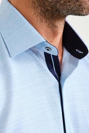 Klasik Kısa Kol V Flam Keten Hediye Kutulu Erkek Gömlek FS-001217 - Turkuaz