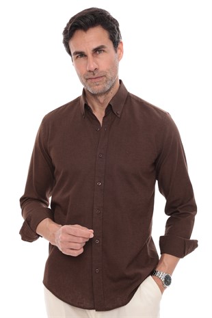 Slim Fit Uzun Kol Yaka Düğmeli Nefes Alan Keten Hediye Kutulu Erkek Gömlek FS-004548 - Koyu Kahve