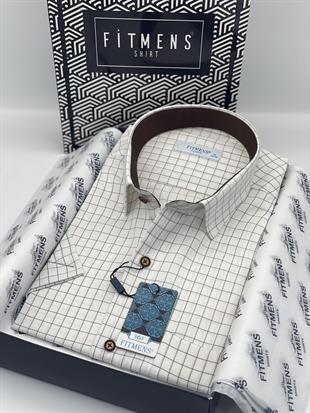 Klasik Kısa Kol Kareli Hediye Kutulu Erkek Gömlek FS-003623 - Beyaz Kahve