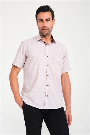 Klasik Kısa Kol Açık Zemin Kutu Desen Keten Cotton Hediye Kutulu Erkek Gömlek FS-000745 - Kahverengi