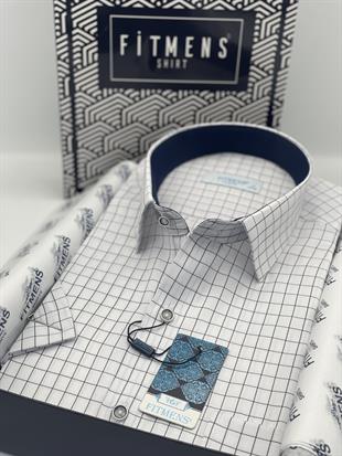 Klasik Kısa Kol Kareli Hediye Kutulu Erkek Gömlek FS-003623 - Beyaz Lacivert