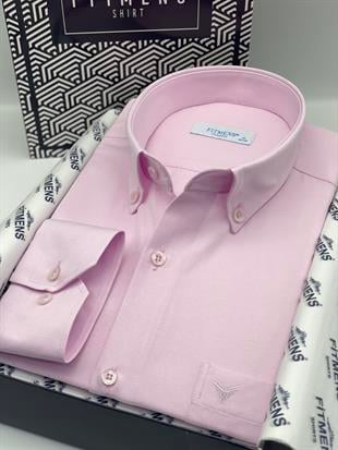 Klasik Uzun Kol Pamuklu Yaka Düğmeli Hediye Kutulu Kolay Ütülenebilir Erkek Gömlek FS-003897 - Pembe