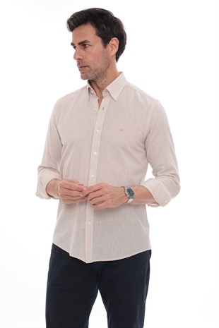 Slim Fit Uzun Kol Yaka Düğmeli Nefes Alan Keten Hediye Kutulu Erkek Gömlek FS-004548 - Açık Bej