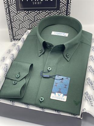 Slim Fit Uzun Kol Pamuklu Hediye Kutulu Kolay Ütülenebilir Erkek Gömlek FS-002225 - Koyu Yeşil