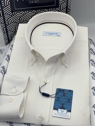 Slim Fit Uzun Kol Baklava Desen Kol Nakışlı Yaka Düğmeli Hediye Kutulu Şık Erkek Gömlek FS-004200 - Krem