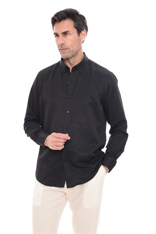 Slim Fit Uzun Kol Baklava Desen Kol Nakışlı Yaka Düğmeli Hediye Kutulu Şık Erkek Gömlek FS-004200 - Siyah