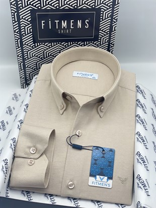 Slim Fit Uzun Kol Pamuklu Hediye Kutulu Kolay Ütülenebilir Erkek Gömlek FS-002225 - Bej