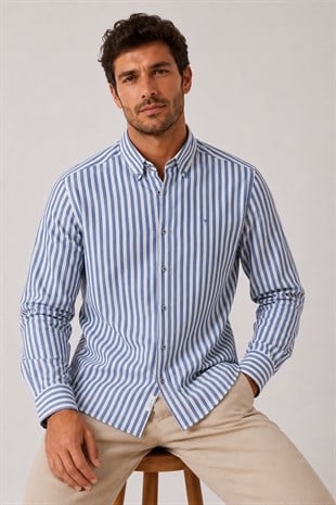 Slim Fit Uzun Kol Çizgili Yaka Düğmeli Keten Likra Hediye Kutulu Erkek Gömlek FS-004580 - Saks Mavi