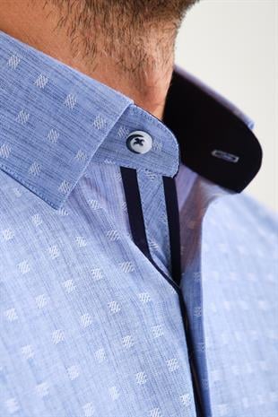 Klasik Kısa Kol Açık Zemin Kutu Desen Keten Cotton Hediye Kutulu Erkek Gömlek FS-000745 - Mavi