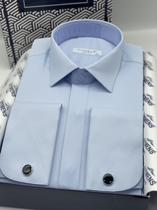 Slim Fit Uzun Kol Gizli Düğmeli Likralı Smokin Damatlık Erkek Gömlek FS-004296 - Mavi