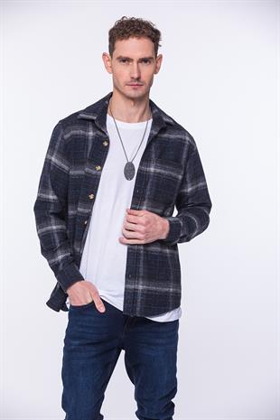 Oversize Yeni Sezon Gömlek Yaka Pamuklu Oduncu Hediye Kutulu Erkek Gömlek FS-002204 - Lacivert