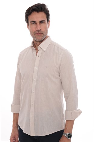 Slim Fit Uzun Kol Yaka Düğmeli Nefes Alan Keten Hediye Kutulu Erkek Gömlek FS-004548 - Açık Bej
