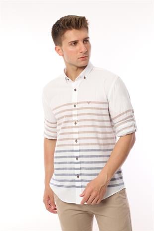 Slim Fit Uzun Kol Panolu Keten Hediye Kutulu Kolay Ütülenebilir Erkek Gömlek FS-002996 - Bej