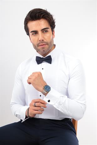 Slim Fit Uzun Kol Soft Saten Smokin Damatlık Erkek Hediye Kutulu Gömlek FS-001947 - Beyaz Lacivert