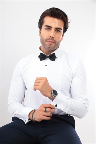 Slim Fit Uzun Kol Soft Saten Smokin Damatlık Erkek Hediye Kutulu Gömlek FS-001947 - Beyaz