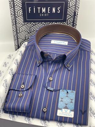 Slim Fit Uzun Kol Premium Çizgili Yaka Düğmeli Hediye Kutulu Erkek Gömlek FS-004334 - Lacivert Kahve