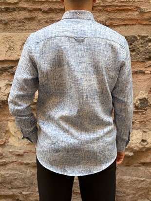 Slim Fit Uzun Kol Müslin Dijital Baskılı Hediye Kutulu Erkek Gömlek FS-004599 - Mavi