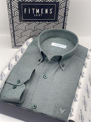 Klasik Uzun Kol Pamuklu Yaka Düğmeli Hediye Kutulu Kolay Ütülenebilir Erkek Gömlek FS-003897 - Yeşil