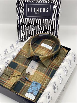 Klasik Uzun Kol Kareli Keten Cotton Cepsiz Yaka Alttan Düğmeli Erkek Hediye Kutulu Gömlek FS-003172 - Hardal