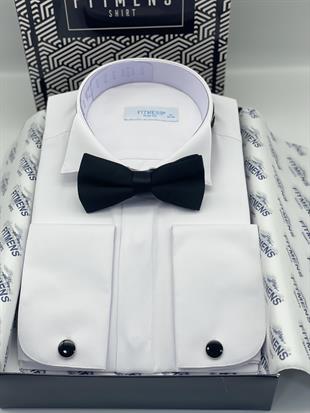 Slim Fit Uzun Kol Ata Yaka Gizli Düğmeli Smokin Damatlık Erkek Gömlek FS-004297 - Beyaz